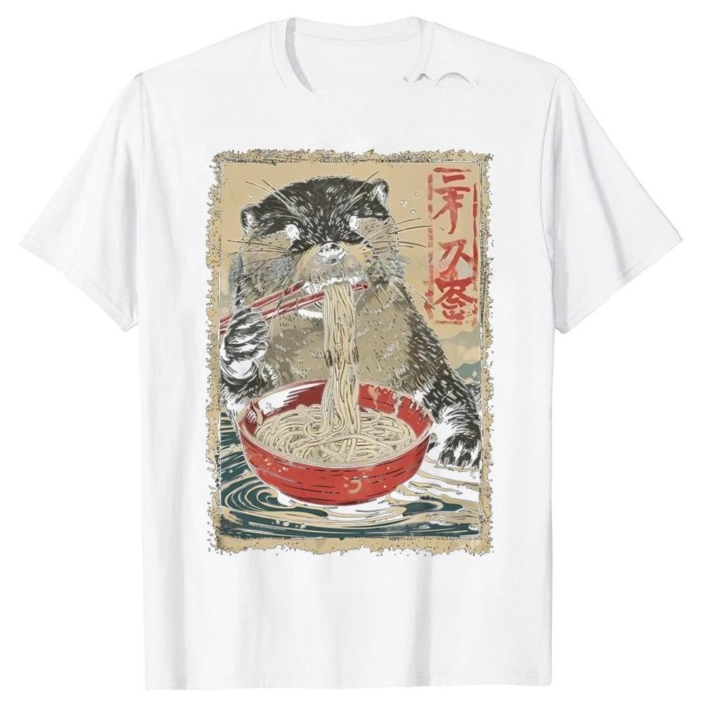 Funny Otter Eating Ramen Anime Graphic Tshirts Men and Womens Fashion Casual Tshirt Shirt Summer Clothes Breathable Cotton