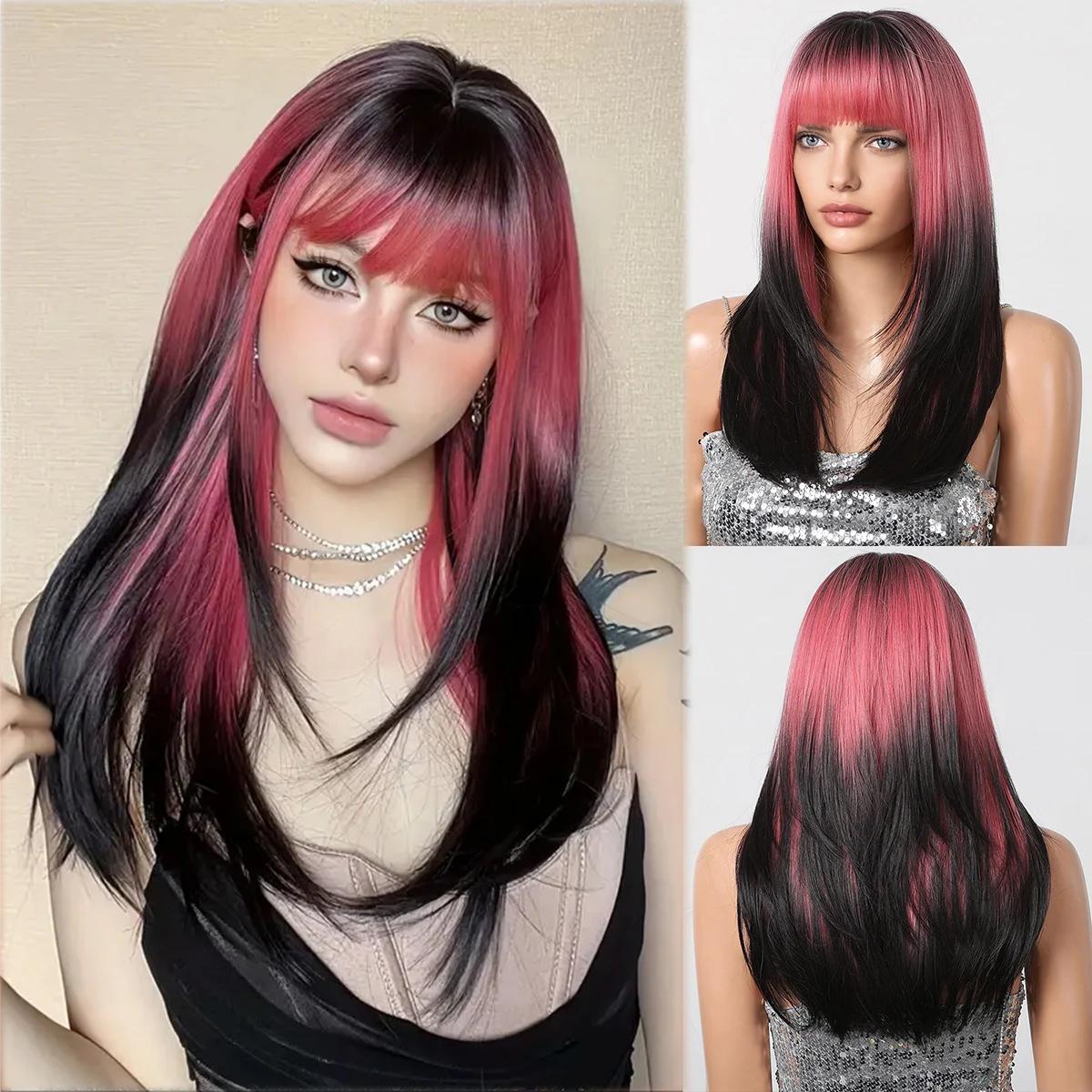 

LOUIS FERRE Ombre Красный Черный Косплей Парики для Женщин Длинные Прямые Многослойные Синтетические Парики С Челкой Лолита Вечерние Жаростойкие Натуральные Волосы