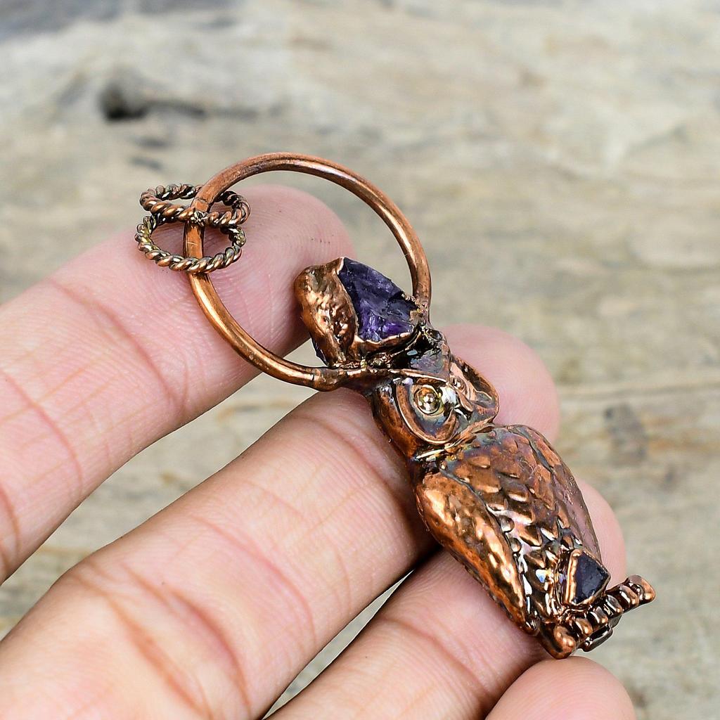African Amethyst Rough Gemstone Pendant Electroformed Copper Jewelry Owl Pendant Handmade Jewelry Electroformed Copper Pendant Gifts for Mom