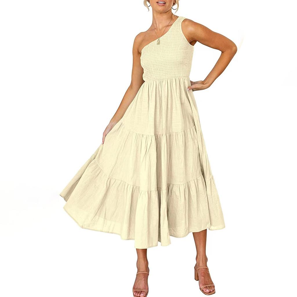 Women's Fashion Casual One Shoulder Pleated Color Medium Length Dress