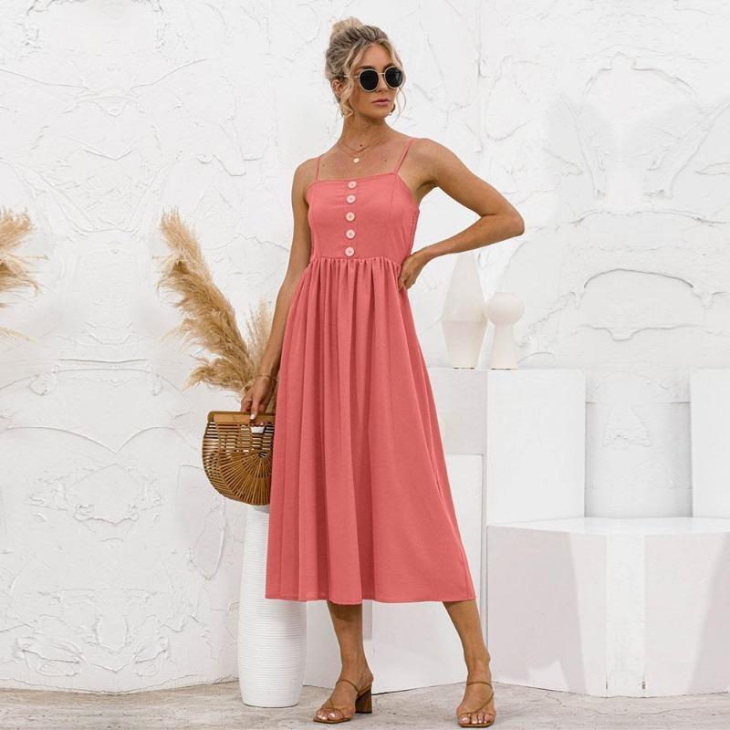 

Весна-лето, однотонное длинное платье, женское повседневное трапециевидное платье на бретельках без рукавов с высокой талией, тонкая пуговица, сладкий S-XL S красный