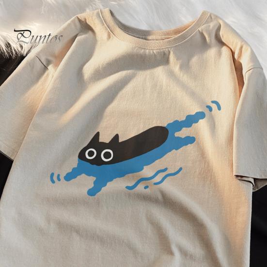 Par Casual T-skjorte Tegneserie Svart Katt Trykk T-skjorte Rund Hals Løs Sommer Topp for Menn Kvinner Hjem Gym Streetwear