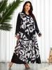 Plus Size Retro Abstract Art V-Neck Long Dress with Patchwork Sleeves