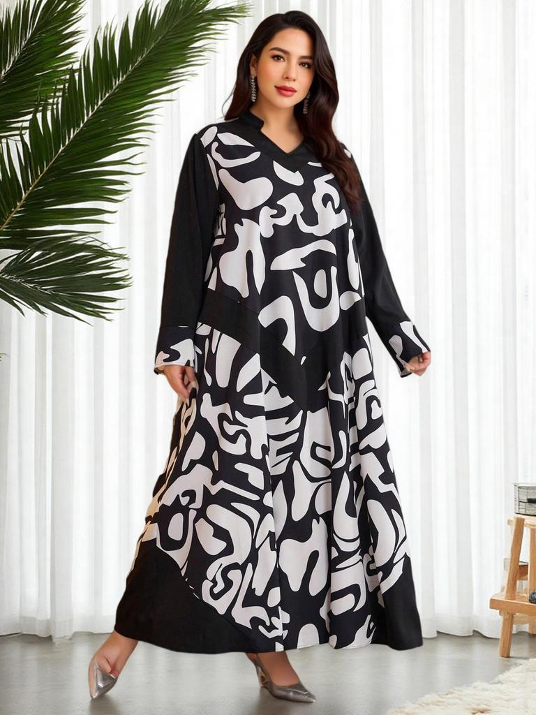 Plus Size Retro Abstract Art V-Neck Long Dress with Patchwork Sleeves