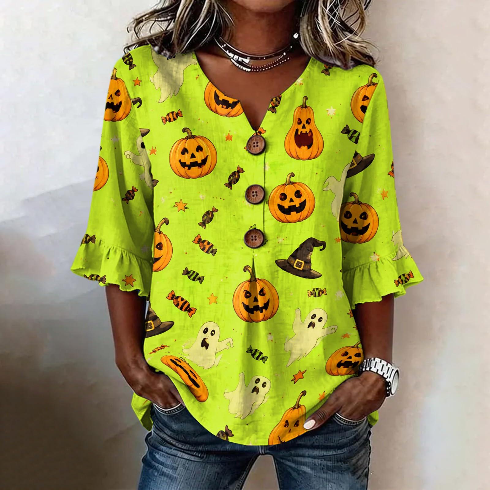 Women s Casual Button Front V-Neck Halloween Print Loose Fit Ruffled Sleeve Blouse XXL