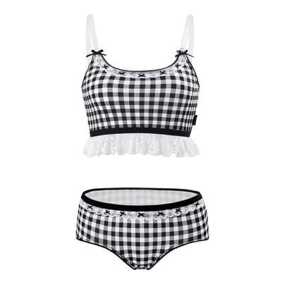[LittleForBig] Women's 2-Piece Bralette Set (Gingham Lolita) - Smooth and Silky Like Milk, Camisole and Panties, Black, Size XXXXL