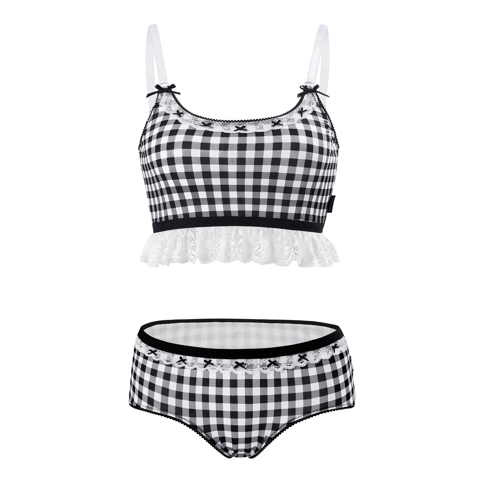 

[LittleForBig] Women s 2-Piece Bralette Set (Gingham Lolita) - Smooth and Silky Like Milk, Camisole and Panties, Black, Size XXXXL