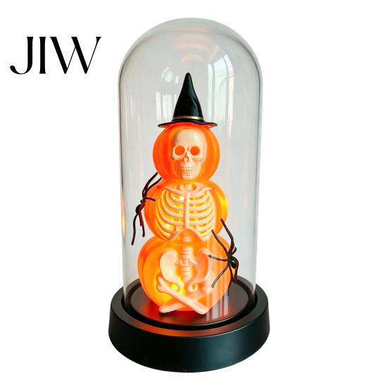 Creative Holiday Ornaments Halloween Pumpkin Skeleton Cloche Lamp, Lighted Stacking Skull In Clear Haunted House Decorations Dome with Witch