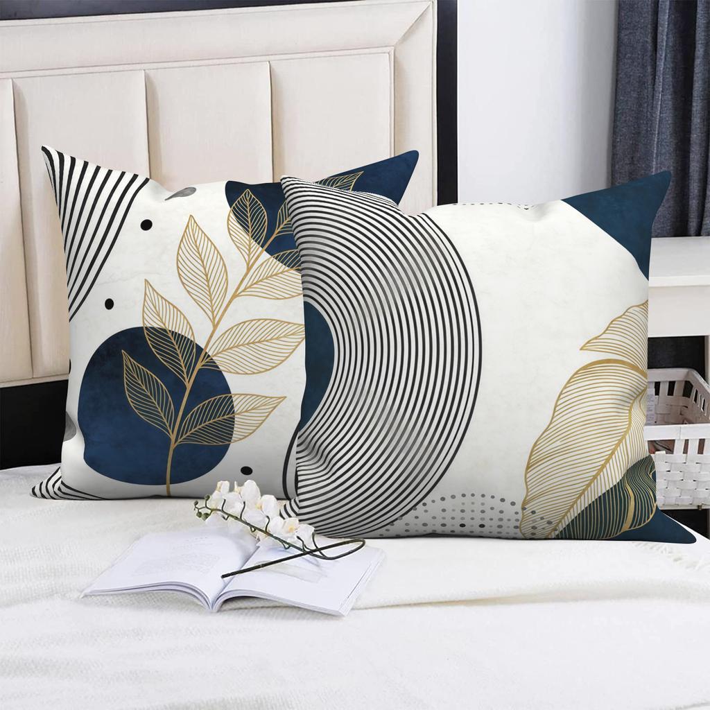 Navy Blue Gold Geometric Pillow Covers 4 Pack Modern Abstract Leaf Pattern Polyester Linen Pillowcases Bedroom Living Room Decor