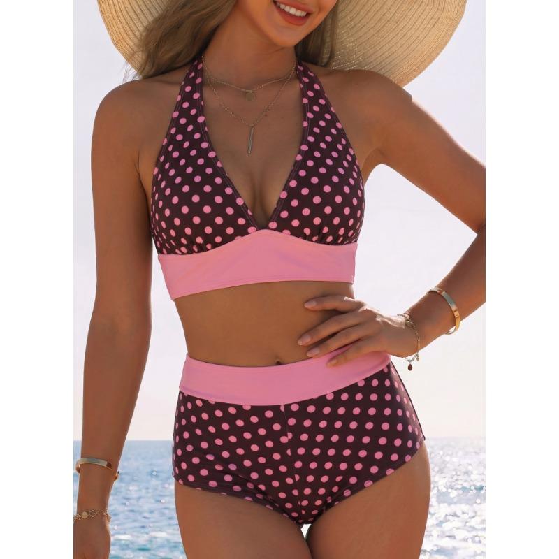European and American Style Polka Dots Contrasting Colors Split Bikini Swimsuit Women Looking Thin High Waist Sexy Beach Vacation Swimsuit New