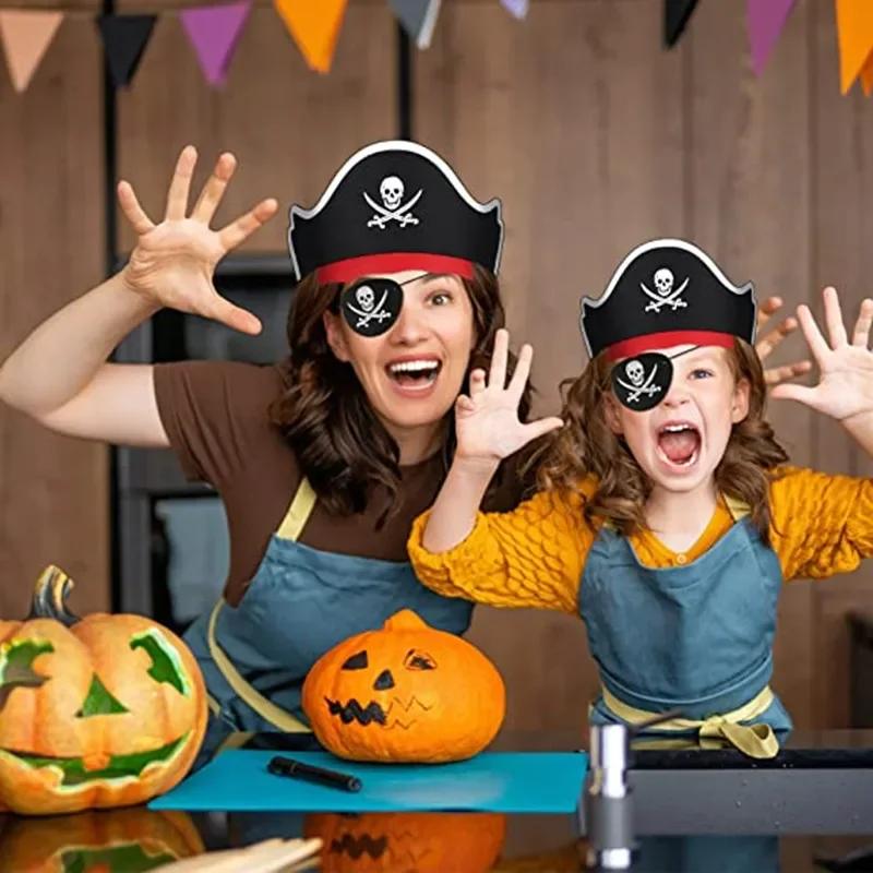 12Pcs Pirate Captain Hat Skull Print Eye Patch Children Adult Halloween Party Cosplay Costume Cap Decoration Props