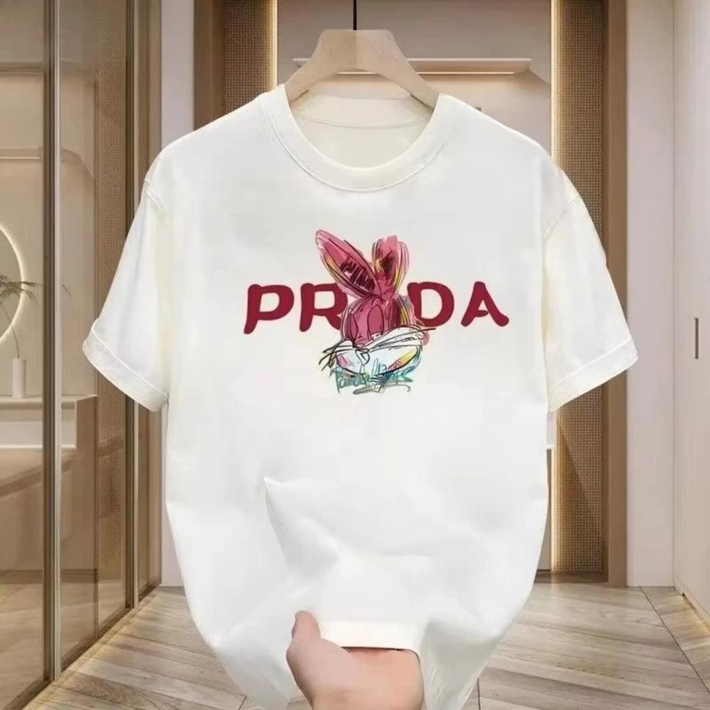 2026 New Luxury Prada-Inspired Bunny Graphic T-Shirt Men Women Fashion Casual Short Sleeve Streetwear Top