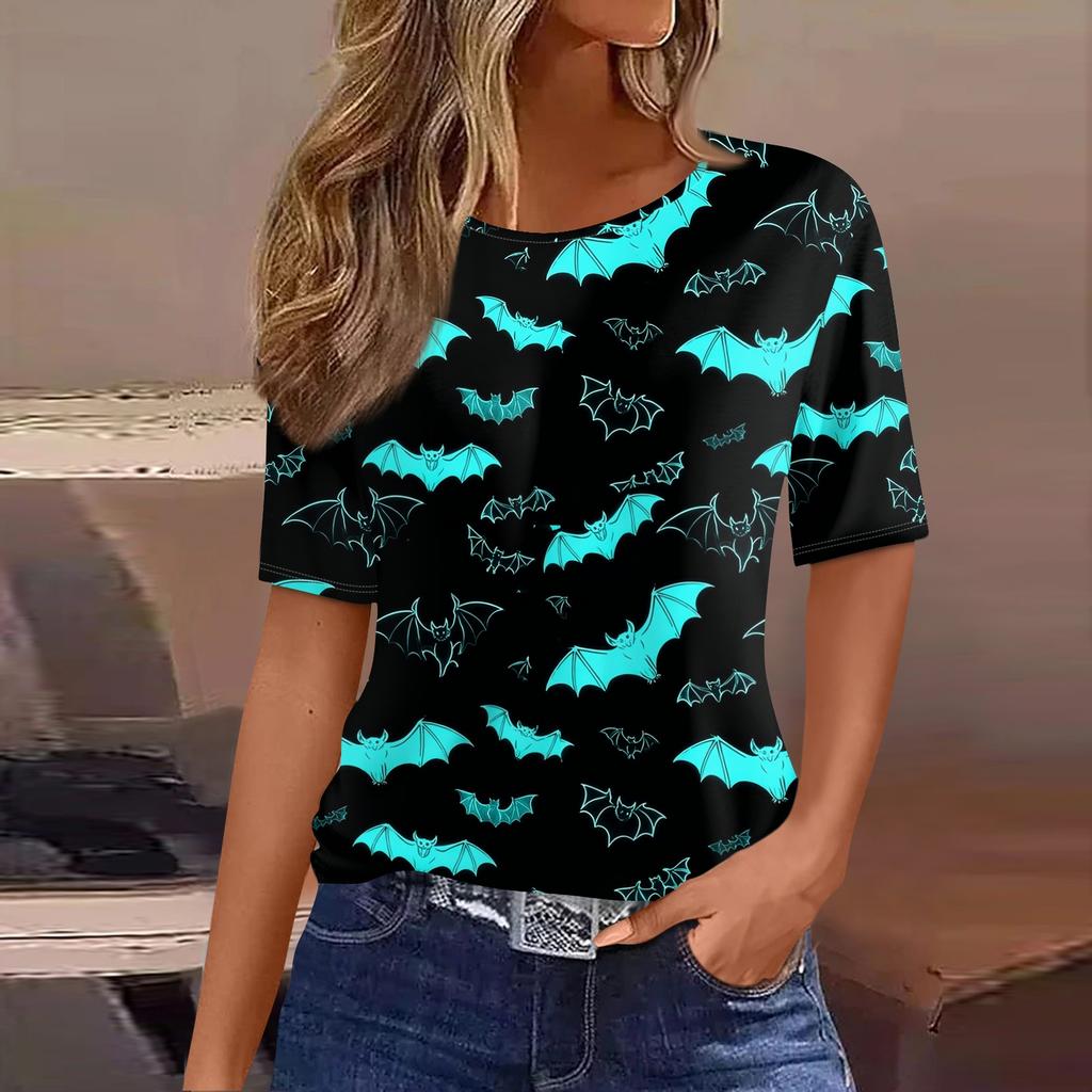 Women's Casual Short Sleeve Pullover Top Halloween Pumpkin Bat Print Round Neck Fashionable Relaxed Fit Shirt for Everyday Wear