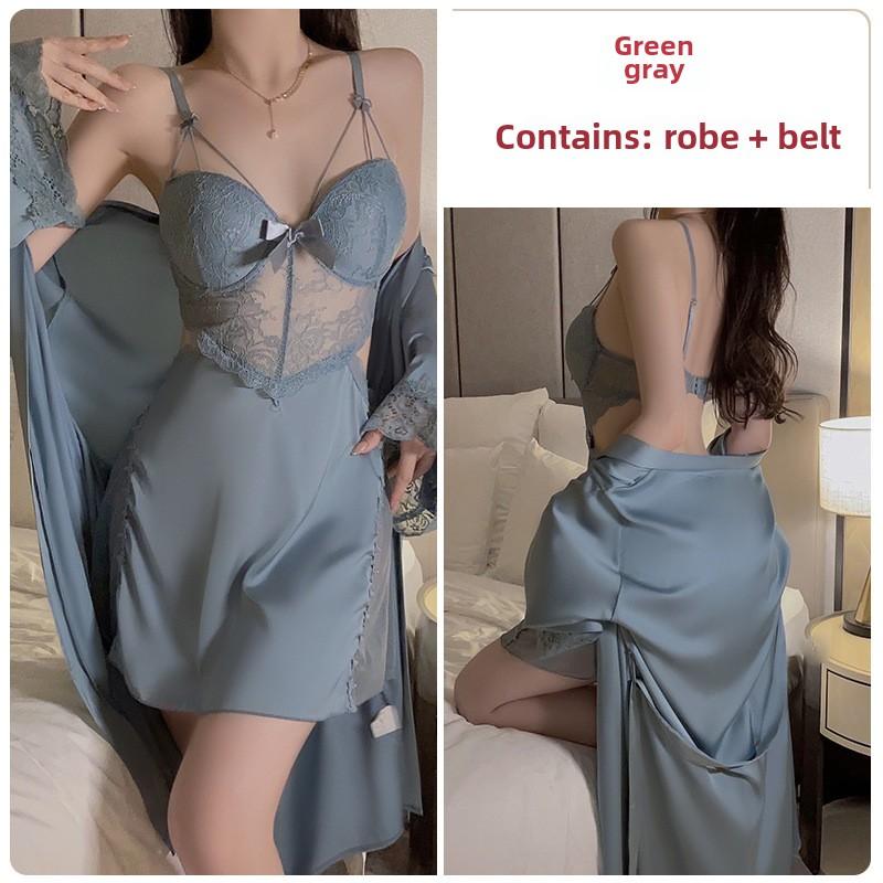 

Large Size Steel Ring Gathers Sexy Loungewear Comfortable Ice Silk Plus Chest Pad Suspender Nightdress Robe one size