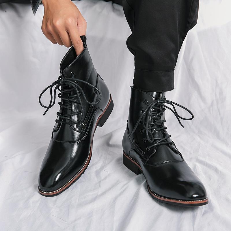 

Мужские кожаные ботинки на высоком голенище с острым носком, весенне-осенние, молодежные ботинки средней высоты большого размера, модные ботинки Мартина на шнуровке с персонализированной полировкой 38 чёрный