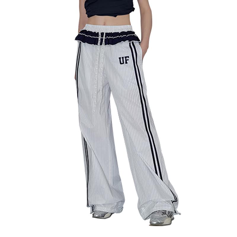 

UNIFREE Faux Two-Piece Lace Stripe Wide-Leg Casual Pants M