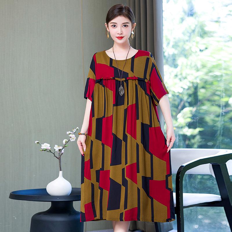 

Летнее цветочное хлопково-шелковое платье - Короткий рукав, Миди, Скрывающее живот, Большой размер для женщин среднего возраста 6XL;