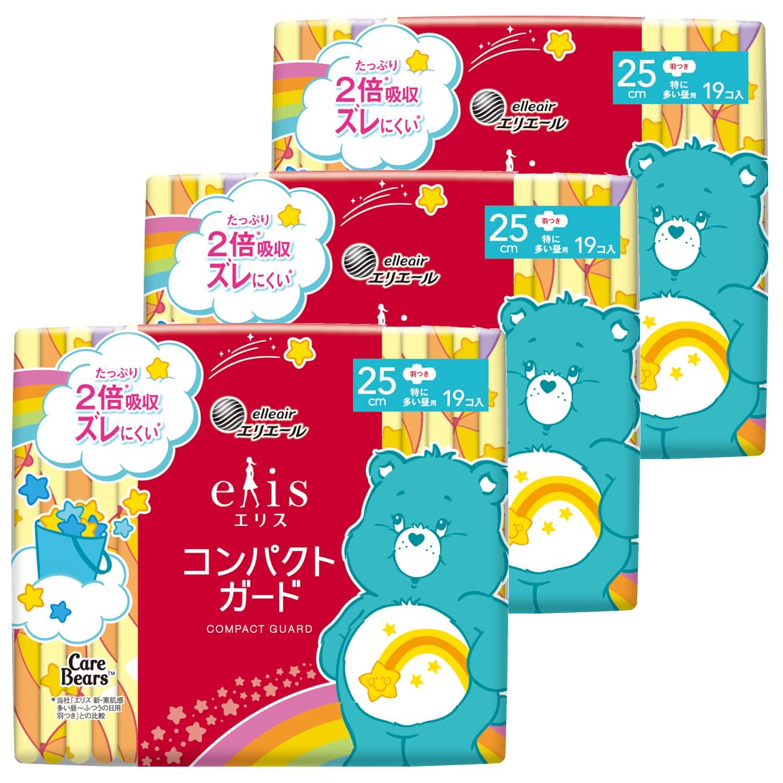 

Ellis Compact Guard Дизайн с Мишкой-Заботой с 57 прокладками Прокладки x 3 Дневные прокладки для обильных выделений Большая упаковка Крылышки, 25 см, (19 упаковок), Поток,