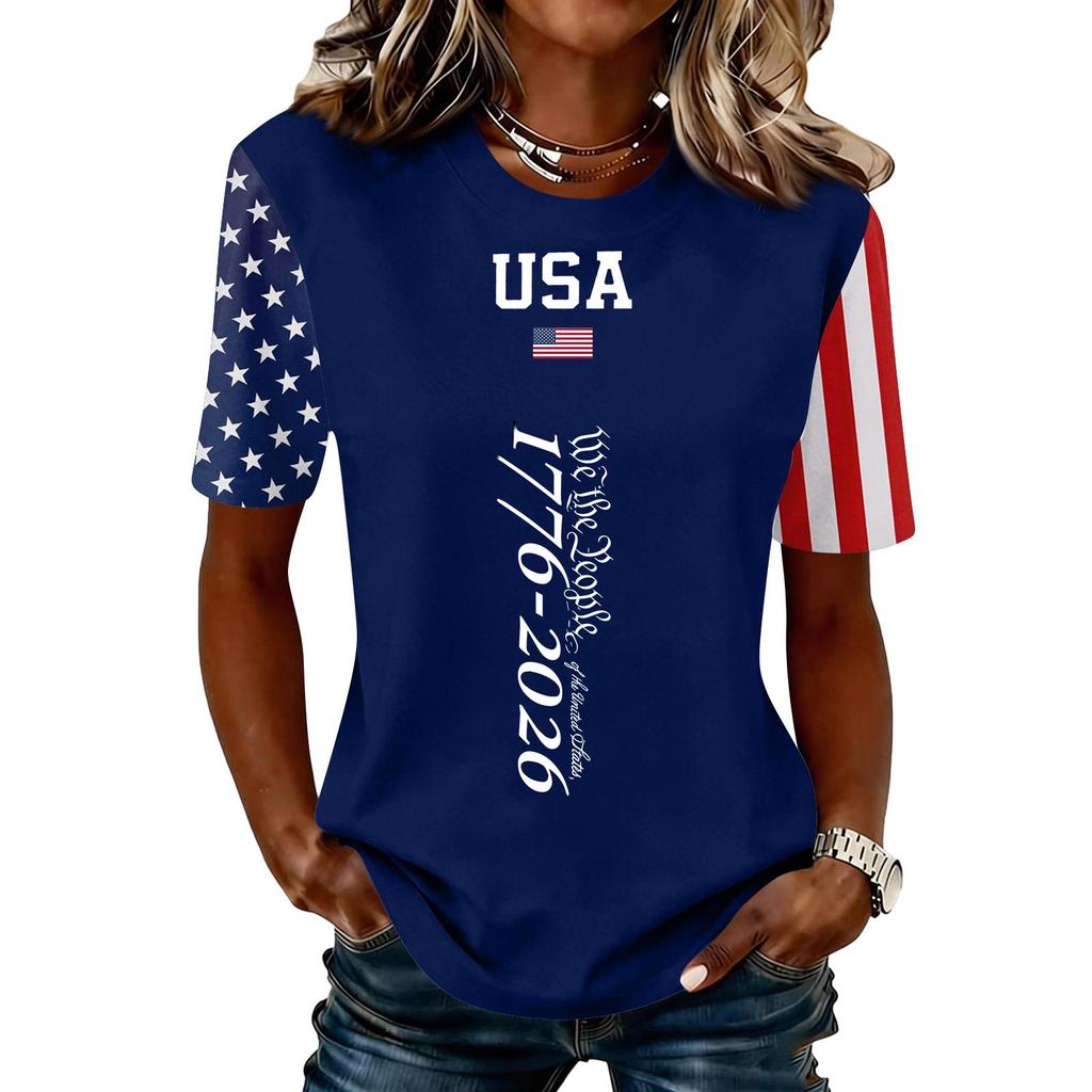 Women's Fashionable Casual Short Sleeve Print Round Neck Pullover Top