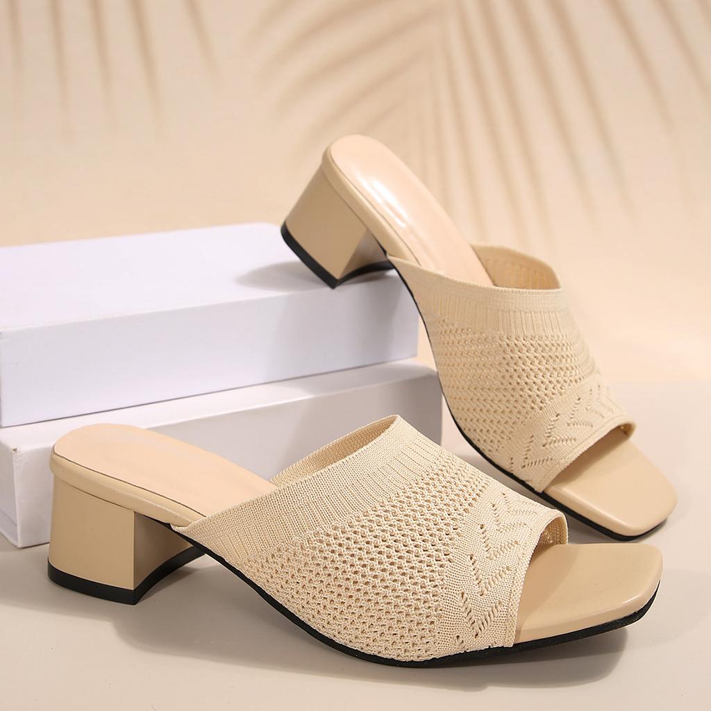 Flying Woven Medium Heel Slippers, Summer Square Head Breathable Large Size Cool Slippers Women