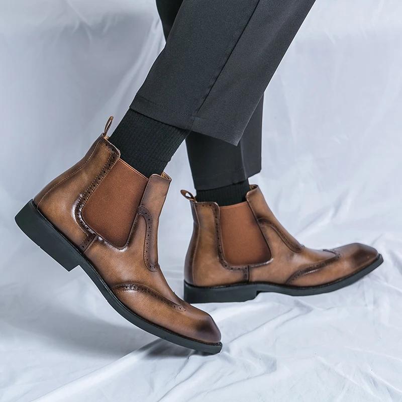 Brogue Design Mens Dress Shoes Solid Colors Mens Leather Boots High Quality Non-Slip Business Casual Mens Chelsea Boots