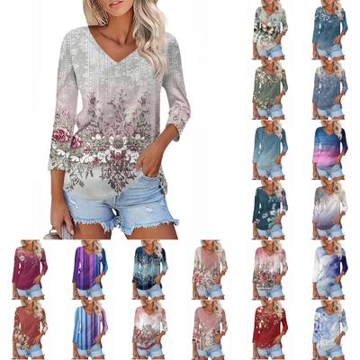 Women's T Shirt Tee Print 3/4 Sleeve Daily Weekend Fashion Basic V Neck  Regular Top