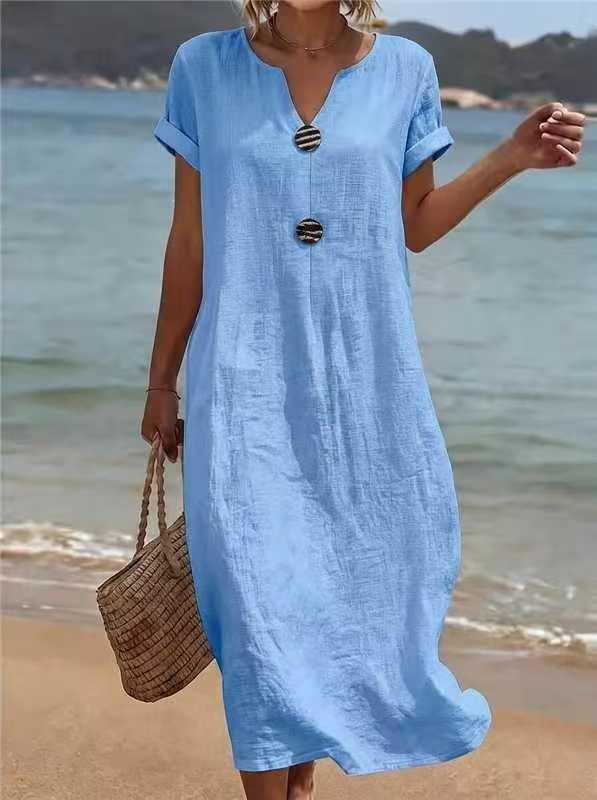 Summer European and American New Seaside Vacation White Women's Casual Solid Color Cotton and Linen Dress Mixed Batch