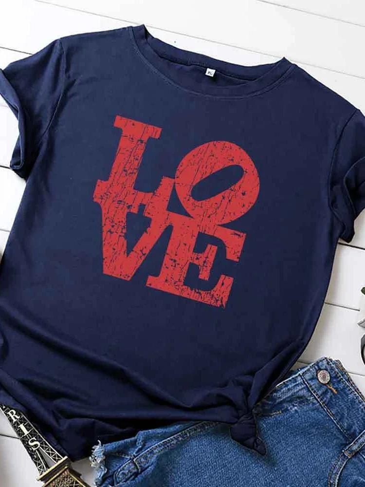 

Красная футболка с принтом «Любовные буквы» для женщин, с коротким рукавом, с круглым вырезом, свободная футболка, летняя женская футболка, топы, Camisetas Mujer XXXL темно-синий