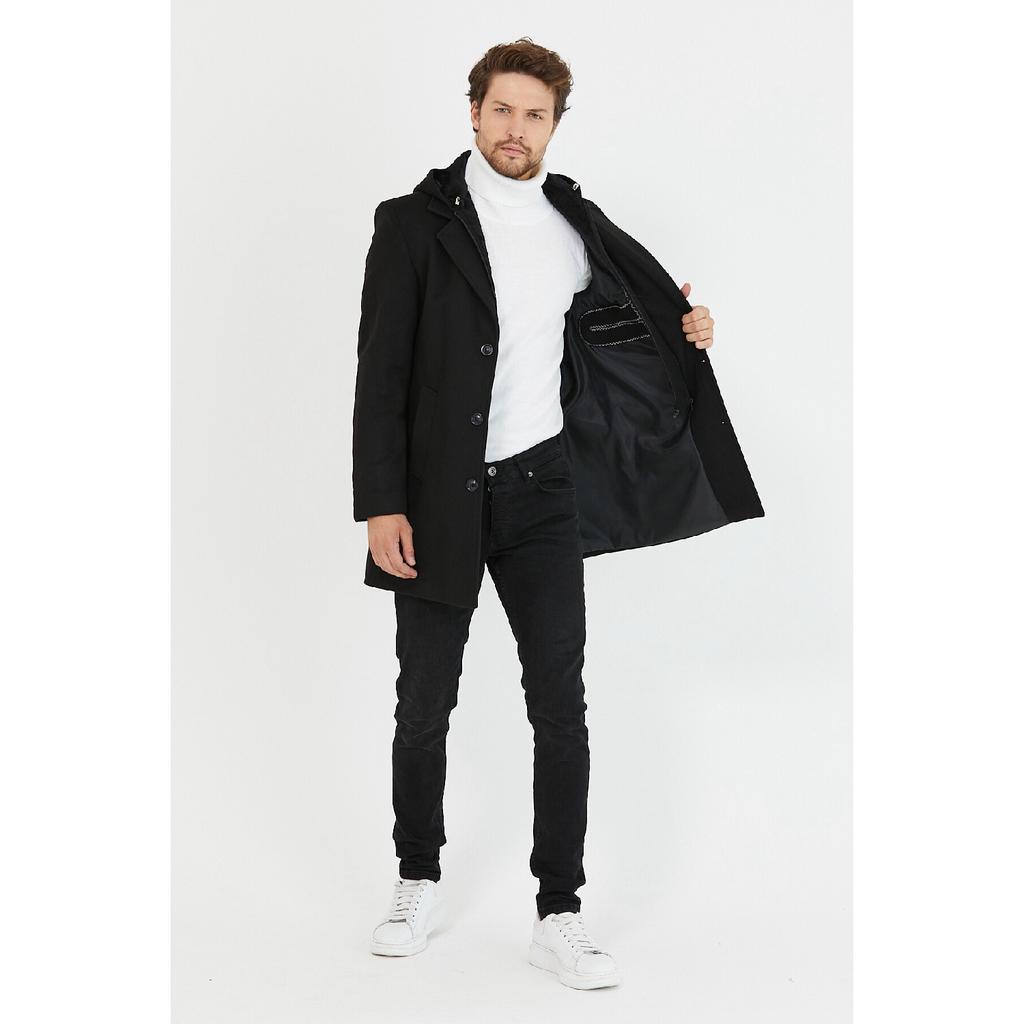 Schwarzer langer Herrenmantel aus Wollmischung und Kaschmir mit Kapuze, Reißverschluss und Knöpfen auf der Vorderseite