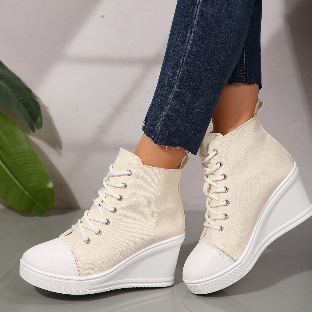 2025 New Large Size High-top Canvas Shoes Women's Muffin Bottom Thick-soled Wedge Heel Single Shoes Fashionable Versatile Lace-up High-top Shoes
