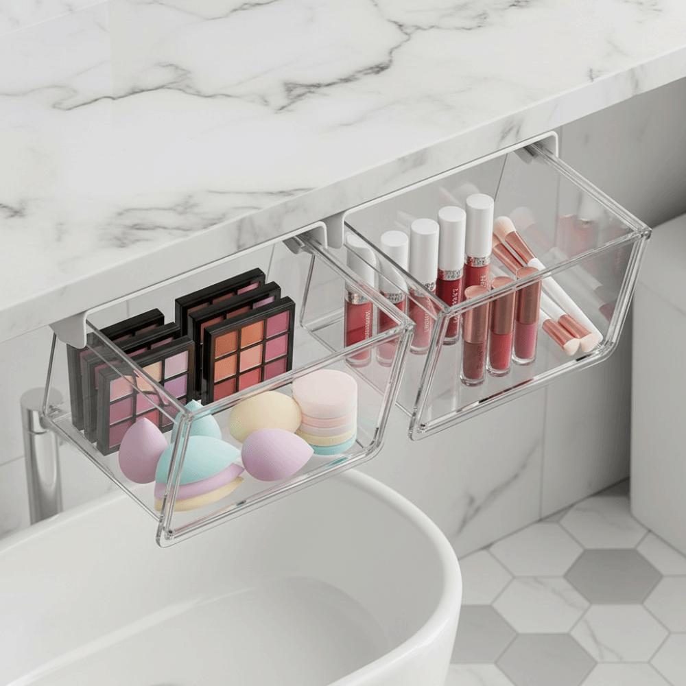 Plastic Drawer Style Storage Box Self Adhesive Large Capacity Under Desk Drawer Organizer Transparent Space Saving