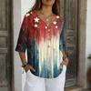 Women's V-Neck Button Three-Quarter Sleeve Casual Independence Day Print Pullover T-Shirt