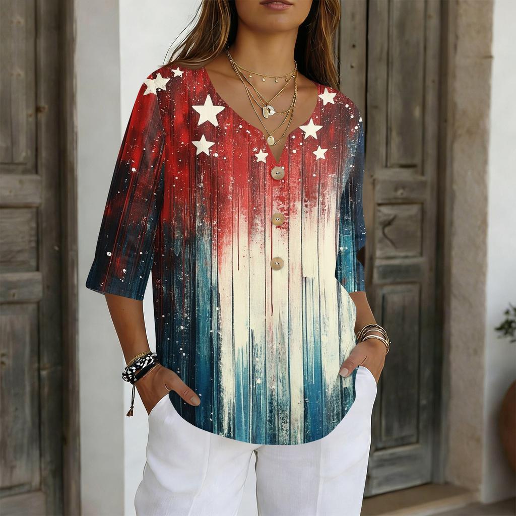 Women's V-Neck Button Three-Quarter Sleeve Casual Independence Day Print Pullover T-Shirt