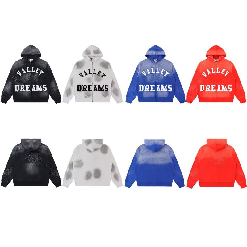 Felpa con cappuccio da uomo oversize con zip e dettagli ricamati con strass, cotone pesante, streetwear