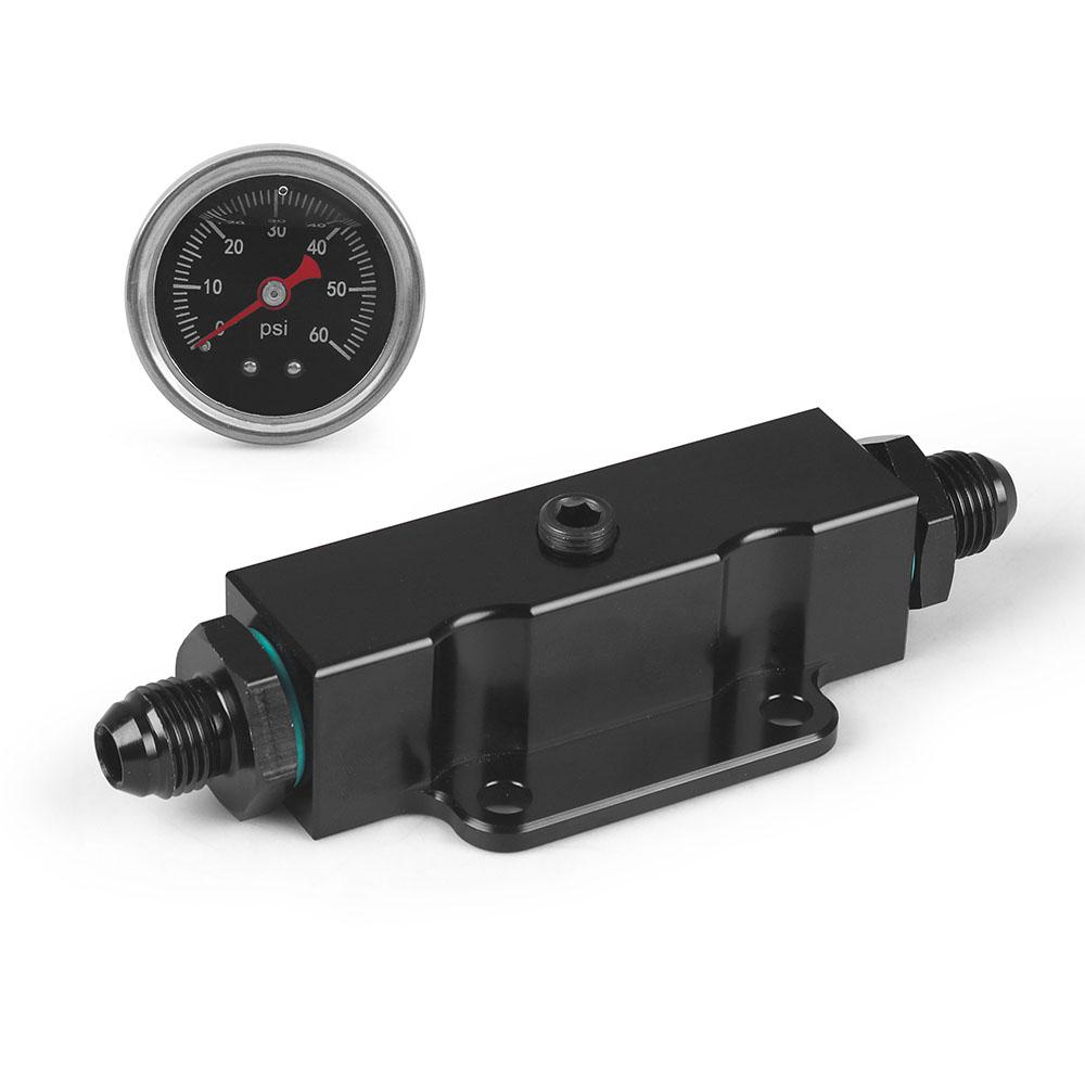 Performance Black Billet Aluminum 6-AN AN6 Inline Fuel Filter With 1/8 NPT Pressure Gauge