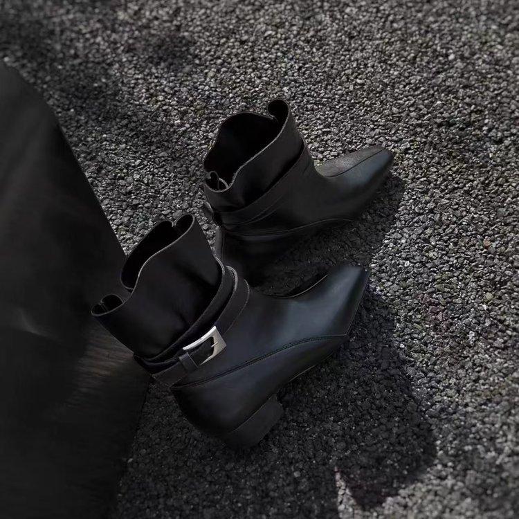 [Cowhide] Cowhide/3.5cm retro sleeve two-wear square head short boots women's belt buckle thick heel bundle fashion boots