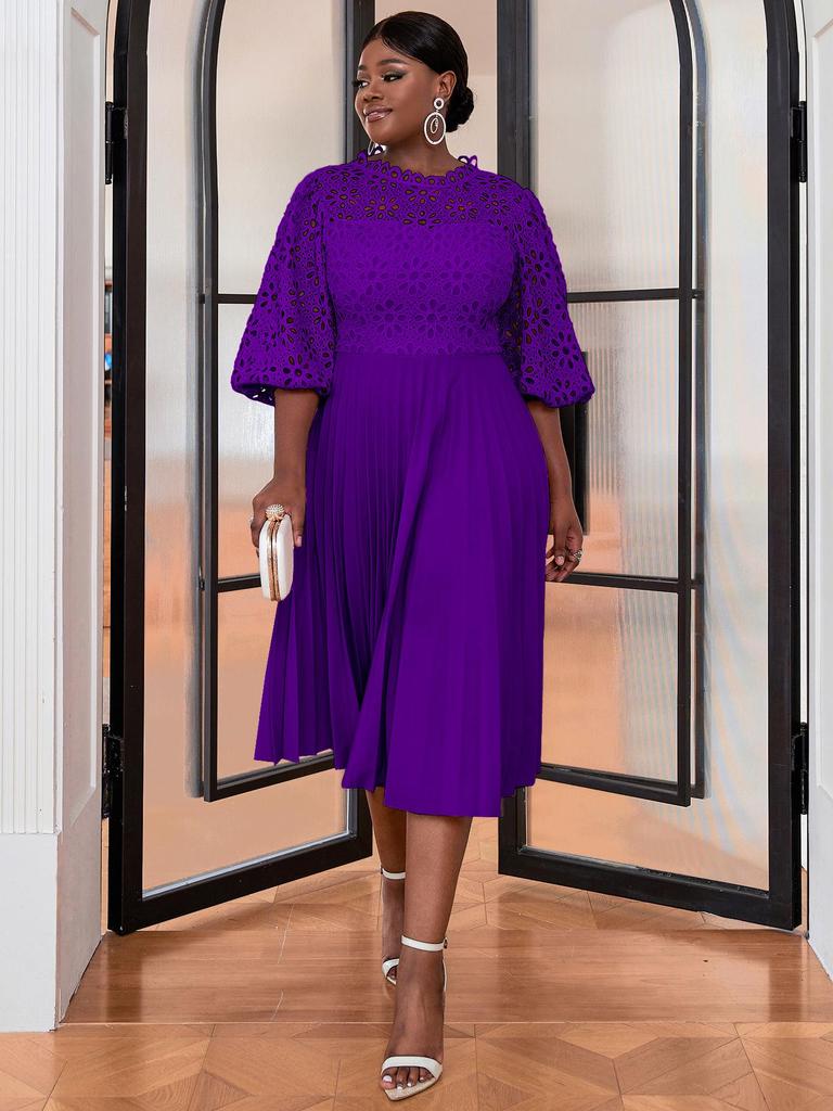 Plus Size Lace Lantern Sleeve Dress with Pleated Skirt - Christmas Gift
