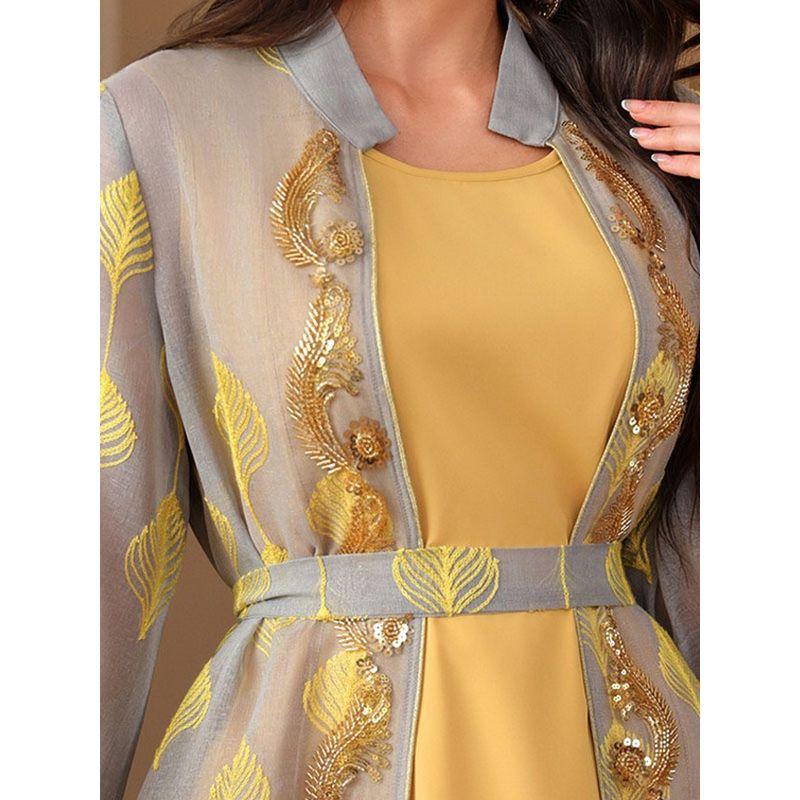 Middle East Cross-Border Robe Women clothes Leaves Embroidery Robe cardigan Two-piece Set Belt Cardigan Dress Dress