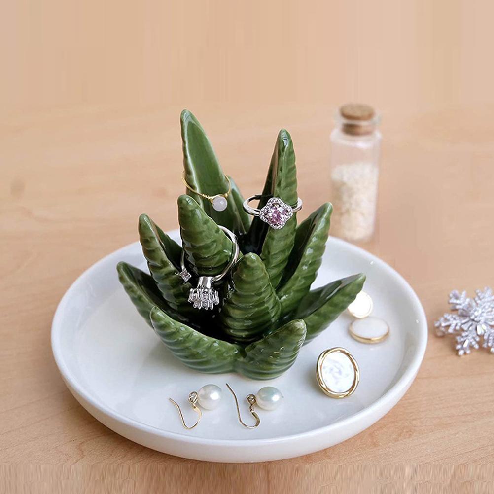 Ceramic Ring Holder Aloe Ring Dish Jewelry Holder Rings Bracelets Earrings Green Succulent Trinket