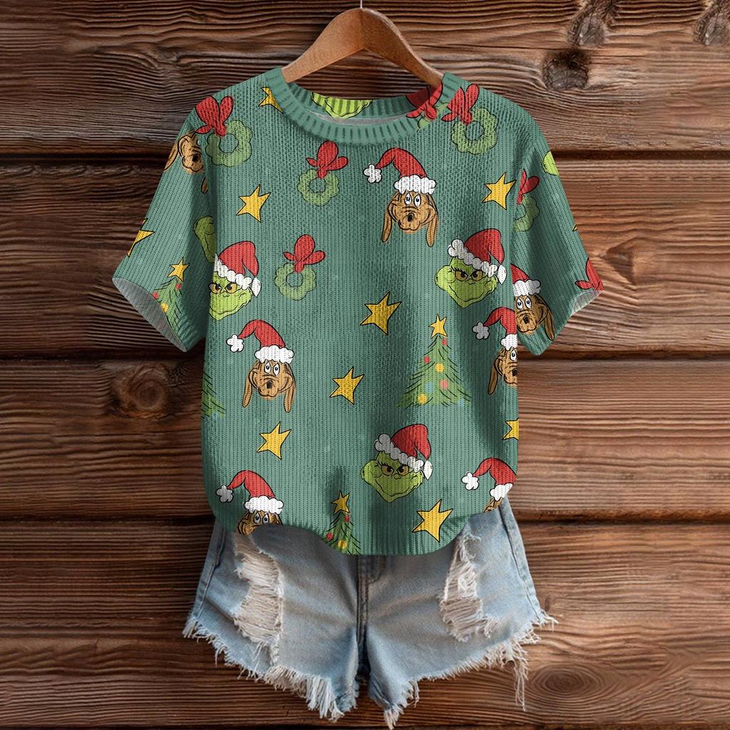 Women's Cute Sweater Knitted Fashion Casual Round-neck Short-sleeved  Cozy Print Top