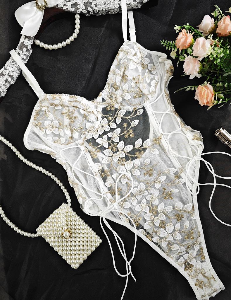 Damers spetsbroderi mesh rygglös body med dragsko i midjan