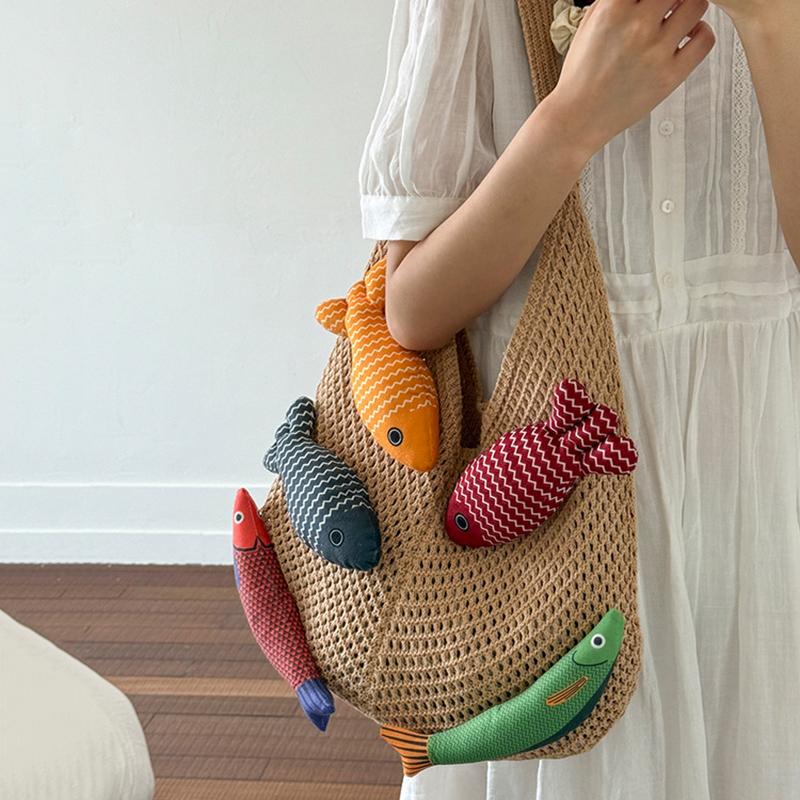 Nuova Borsa a Shopper all'Uncinetto Carina a Forma di Pesce Grande Capacità Borsa a Spalla Intrecciata Casual Multicolore Borsa Lavorata a Maglia Fatta a Mano