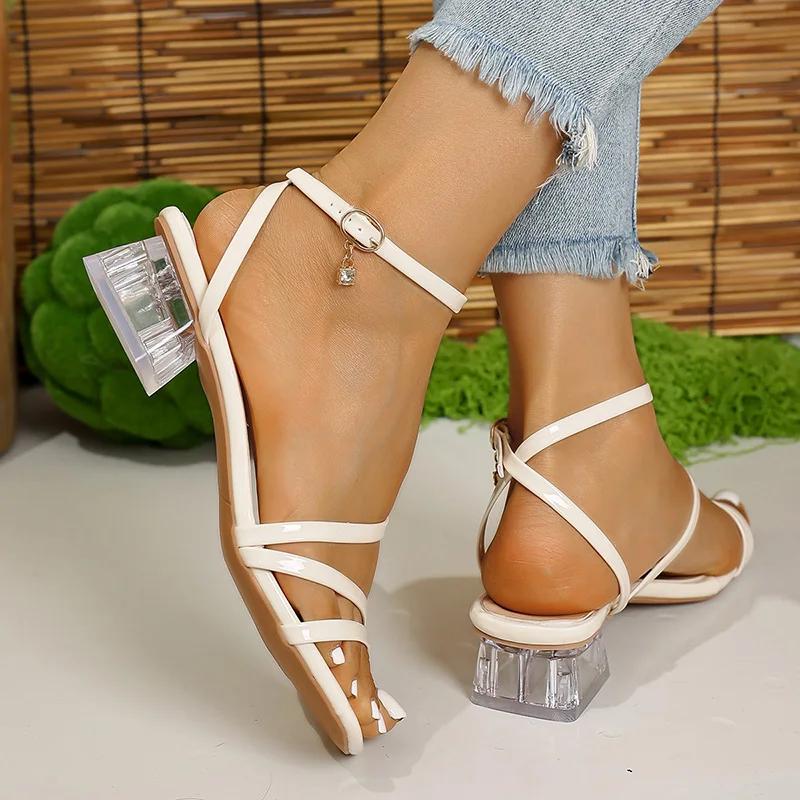 Fashion Transparent Chunky Heel Sandals for Women Summer 2025 Fashion Ankle Strap Dress Sandals Woman Comfort Square Toe Sandalias Mujer