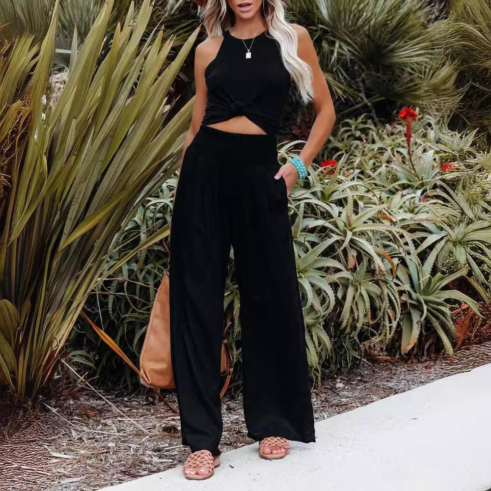 Pantaloni Casual da Donna con Coulisse, Vita Media, Gamba Larga da Spiaggia, Primavera ed Estate, Pantaloni Europei e Americani