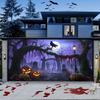 Polyester Material, Halloween-themed Illustration Garage Decoration Banner - Purple Eerie Cemetery scene.PMJ