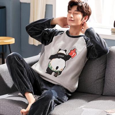 Herbst Winter Korallfleece Pyjama für Herren Rundhals Langarm Loungewear Sets Herren 2-teilig Mode Druck Home Anzug für Herren
