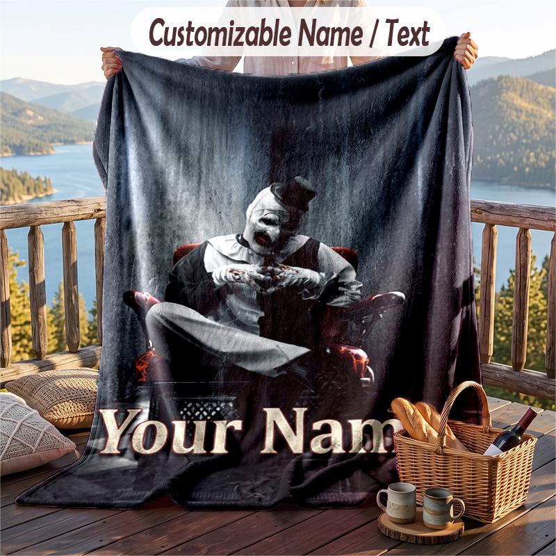 Custom Text Flannel Throw Blanket, Lightweight Cozy Bed Sofa BlanketTerrifier Art the Clown