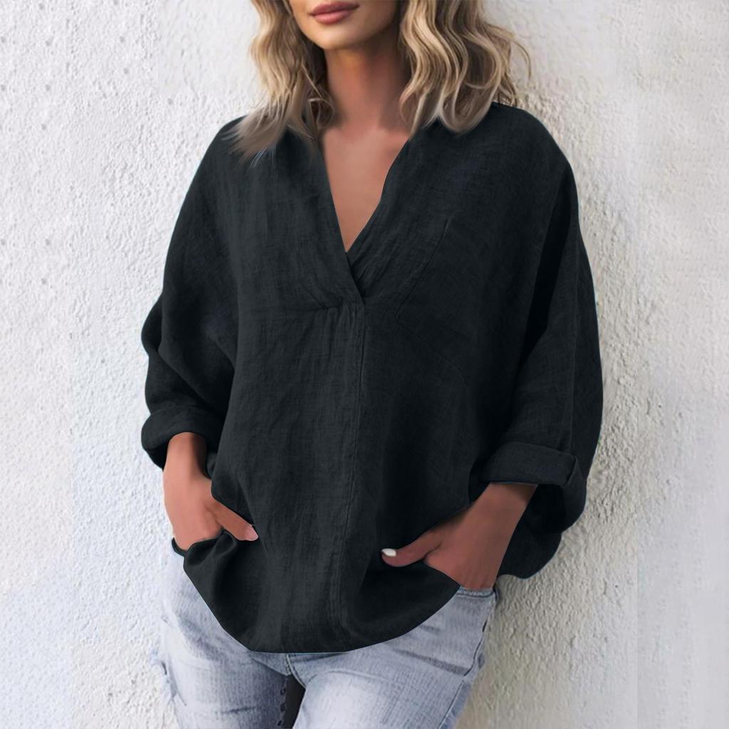 Women's Fashion Casual Cotton Linen V-Neck Long Sleeve Pullover Top