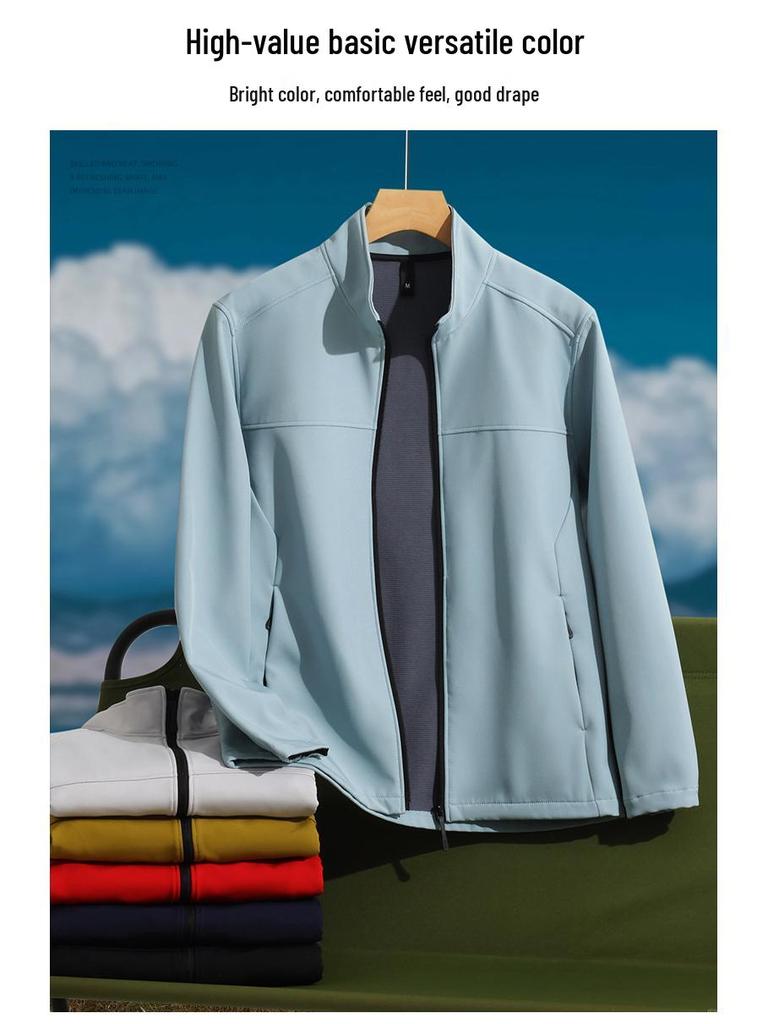 Fleece-Lined Softshell Stand-Up Collar Windbreaker with Logo Embroidery for Autumn/Winter Workwear