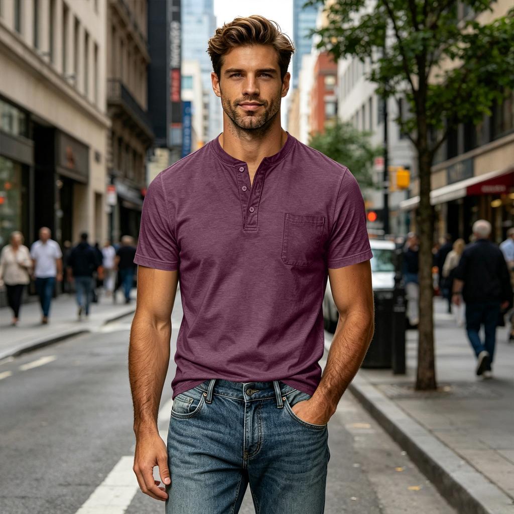 Men's Cotton Short Sleeve Henley Shirt Large Size Casual Pocket T-Shirt Lightweight Breathable Summer Top